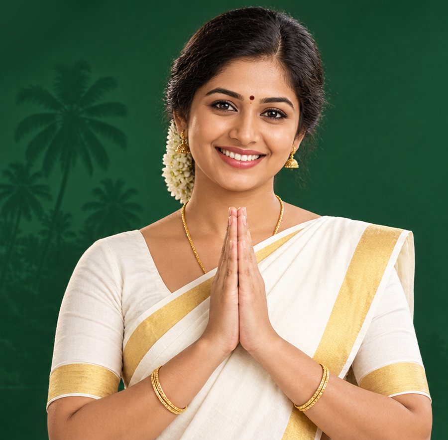 A Malayali woman in a kasavu saree greeting visitors with folded hands